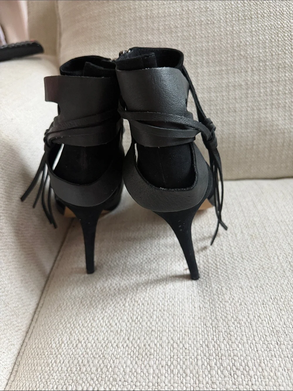 Black Suede Peep-Toe Ankle Booties with Wrap Straps
